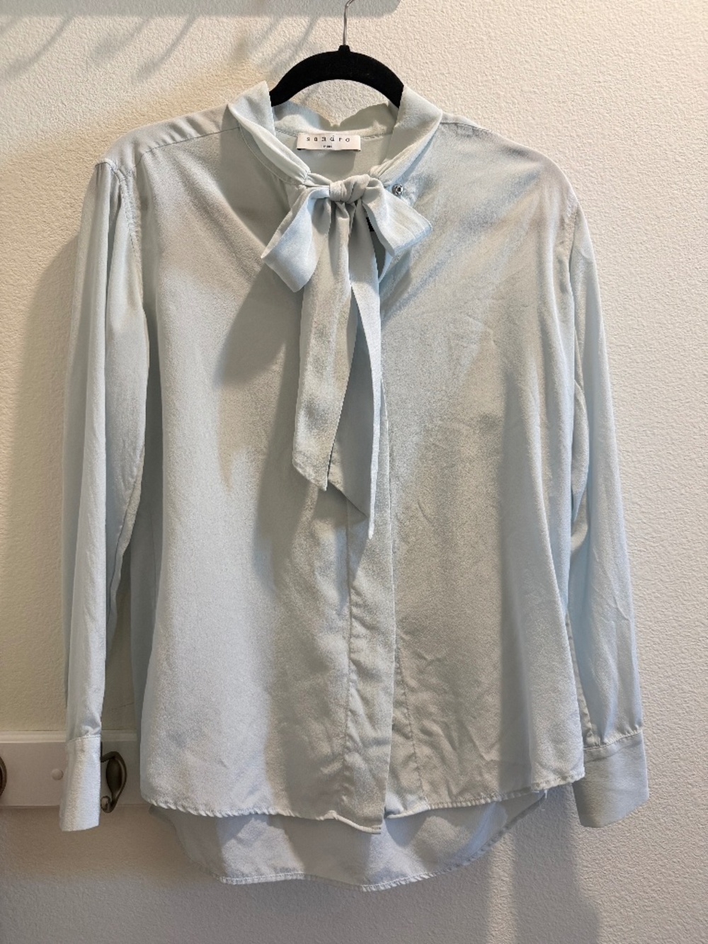 Sandro Pastel Blue Bow Neck Silk Long Sleeve Shirt